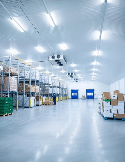 Refrigerated warehouse floor with racked pallets